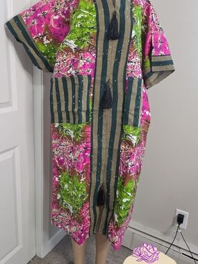 Vibrant Pink & Green Tie-Dye Kimono Dress with Tassels